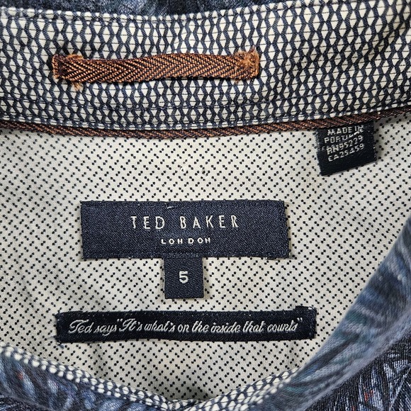 Ted Baker Shirt Men Size 5 Flip‎ Cuff Button Up Long Sleeve Leaf Print Blue Tone - Picture 2 of 12
